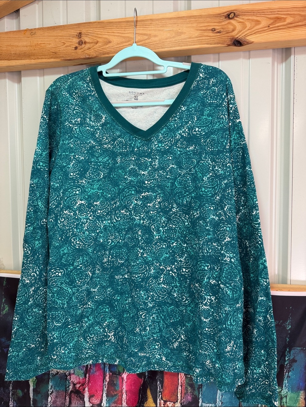 Sonoma Teal Paisley V-Neck Pullover Sweater 3X plus size